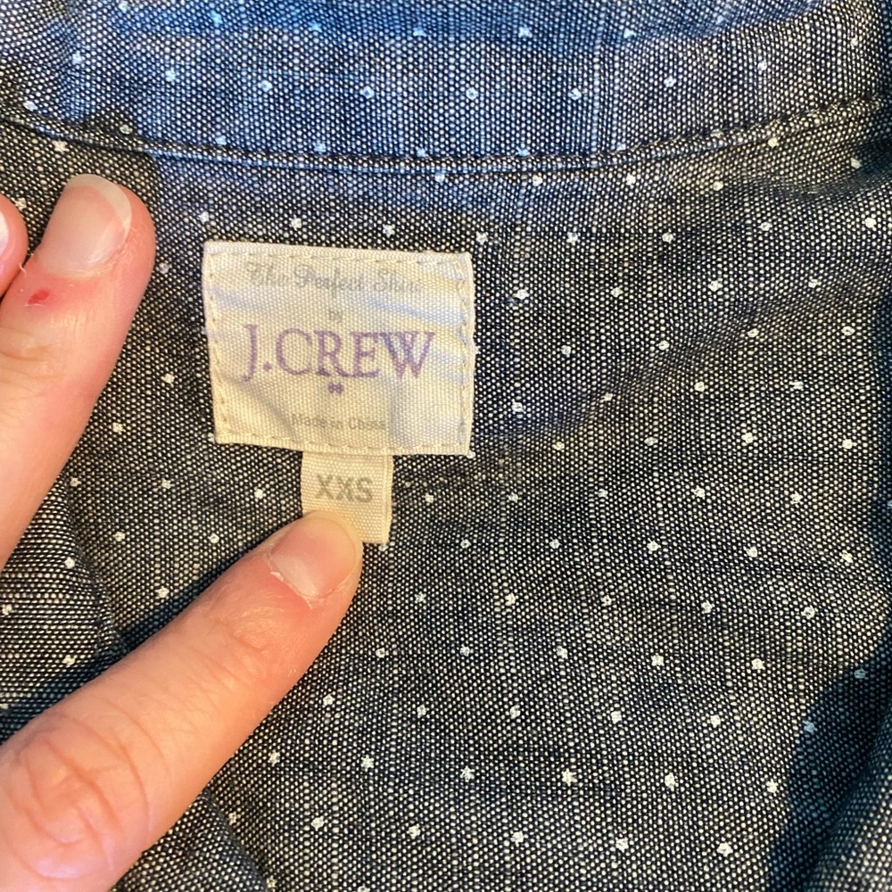 JCrew women’s button up, size XXS. Chambray with white dots.